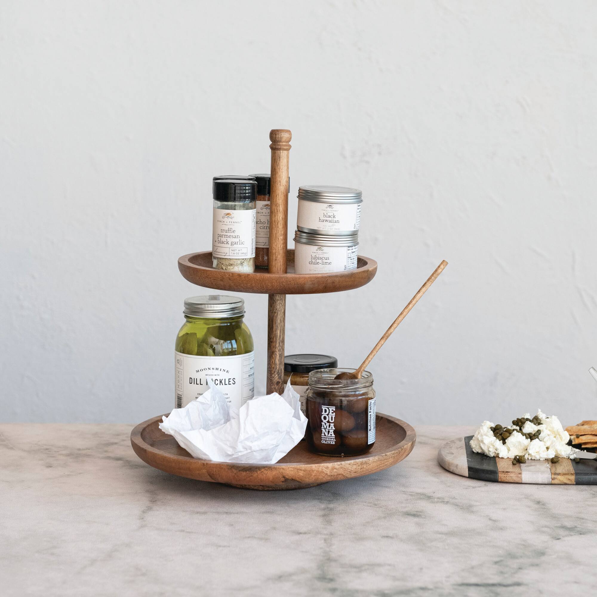 Hello Honey® 16" Round Natural Mango Wood 2-Tier Tray